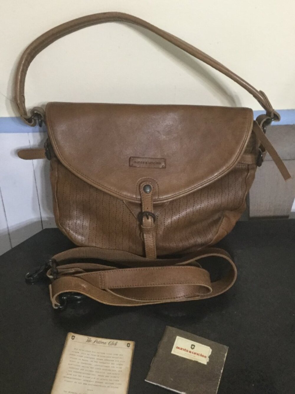 Aunts & Uncles purse with cross body strap brown soft leather pre-owned